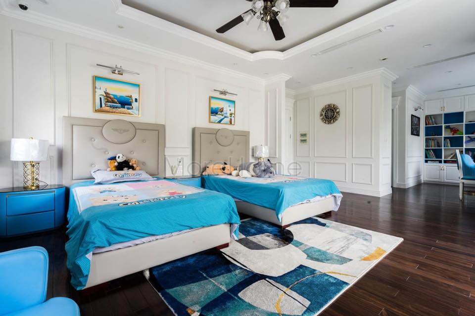 Thi công nội thất phòng ngủ hai giường đơn phòng con trai biệt thự Vinhomes Gardenia Thi công nội thất biệt thự tân cổ điển
