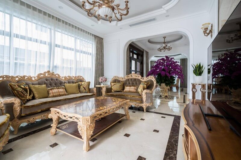 Đây là công trình thi công nội thất phòng khách cao cấp tại biệt thự Vinhomes Imperia Hải Phòng theo phong cách cổ điển sang trọng. Thi công nội thất biệt thự tân cổ điển