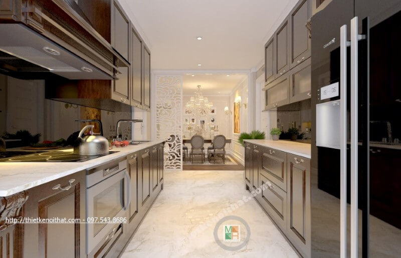 Mẫu thiết kế nội thất phòng bếp chung cư được bố trí hợp lí, các thiết bị nhà bếp hiện đại cũng được gia chủ lựa chọn nhằm mang lại sự tiện nghi nhất cho người nội trợ Thiết kế nội thất phòng bếp