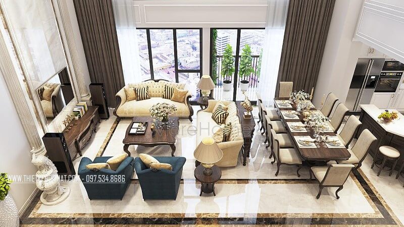 Sofa phòng khách bọc nỉ gỗ óc chó tân cổ điển đẹp sang trọng