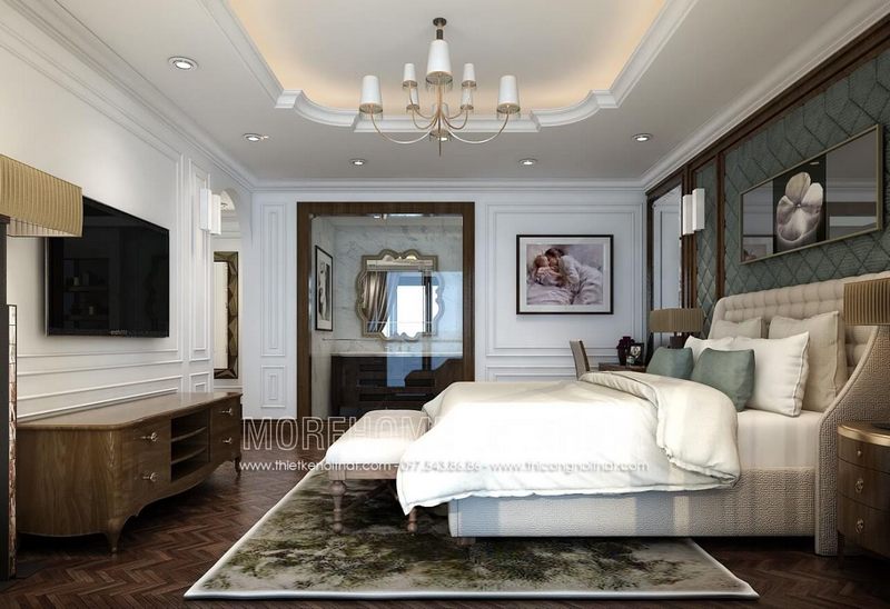 Thiết kế kệ tivi tân cổ điển bằng gỗ óc chó đẹp tại hà nội _ Nội thất Morehome
